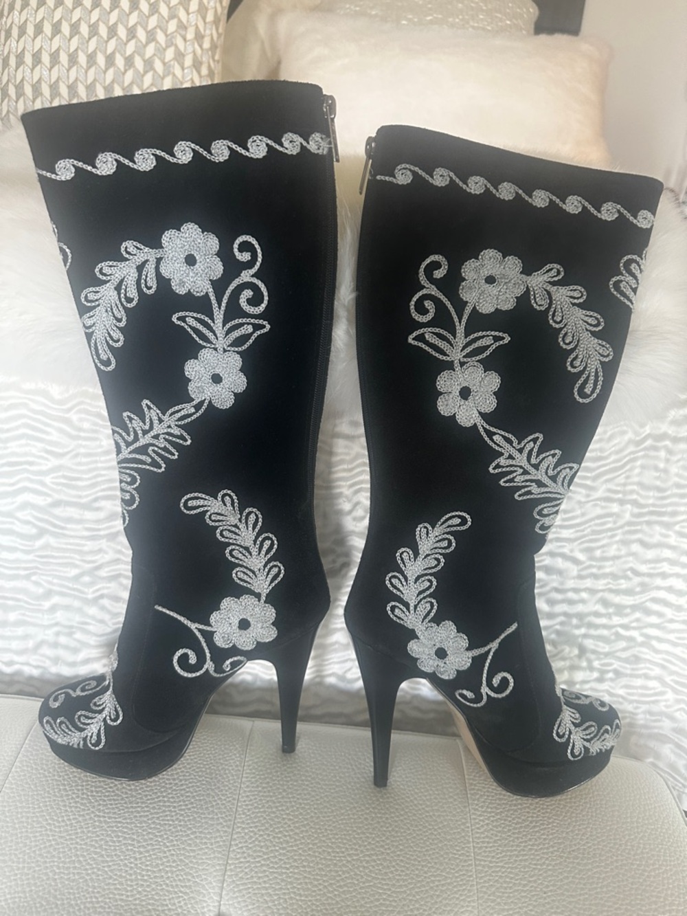 Black Embroidered Floral Knee-High Stiletto Boots